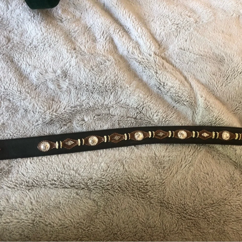 Decorative Black and Brown Leather Women’s Belt with Silver Conchos